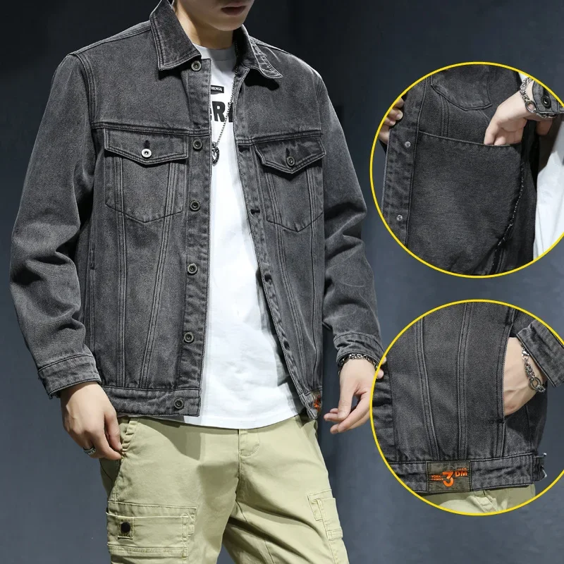 

2023 New Autumn Men's Retro Gray Denim Jacket Fashion Casual Cotton Cowboy Coat Male Brand Clothes Plus Size 5XL 6XL 7XL RE-989