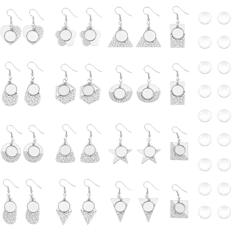 

14 Pairs 14 Styles Stainless Steel Earring Bezel Trays Glass Blank Dome Dangle Earrings Cabochon Settings Wire Hooks Pendant Tra