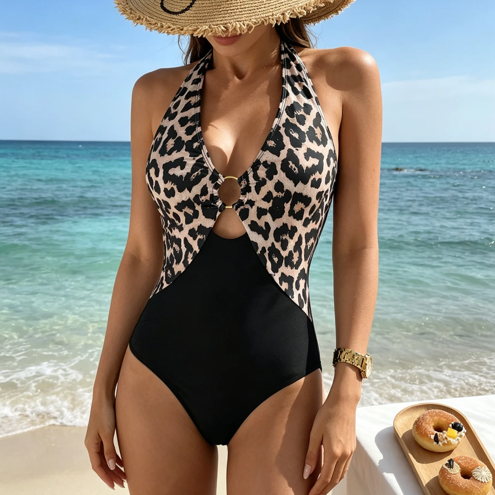 

Women's Leopard Print Halter One Piece Swimsuit High Waisted Tummy Control Bathing Suit Cutout Ring Linked Monokini Beachwear