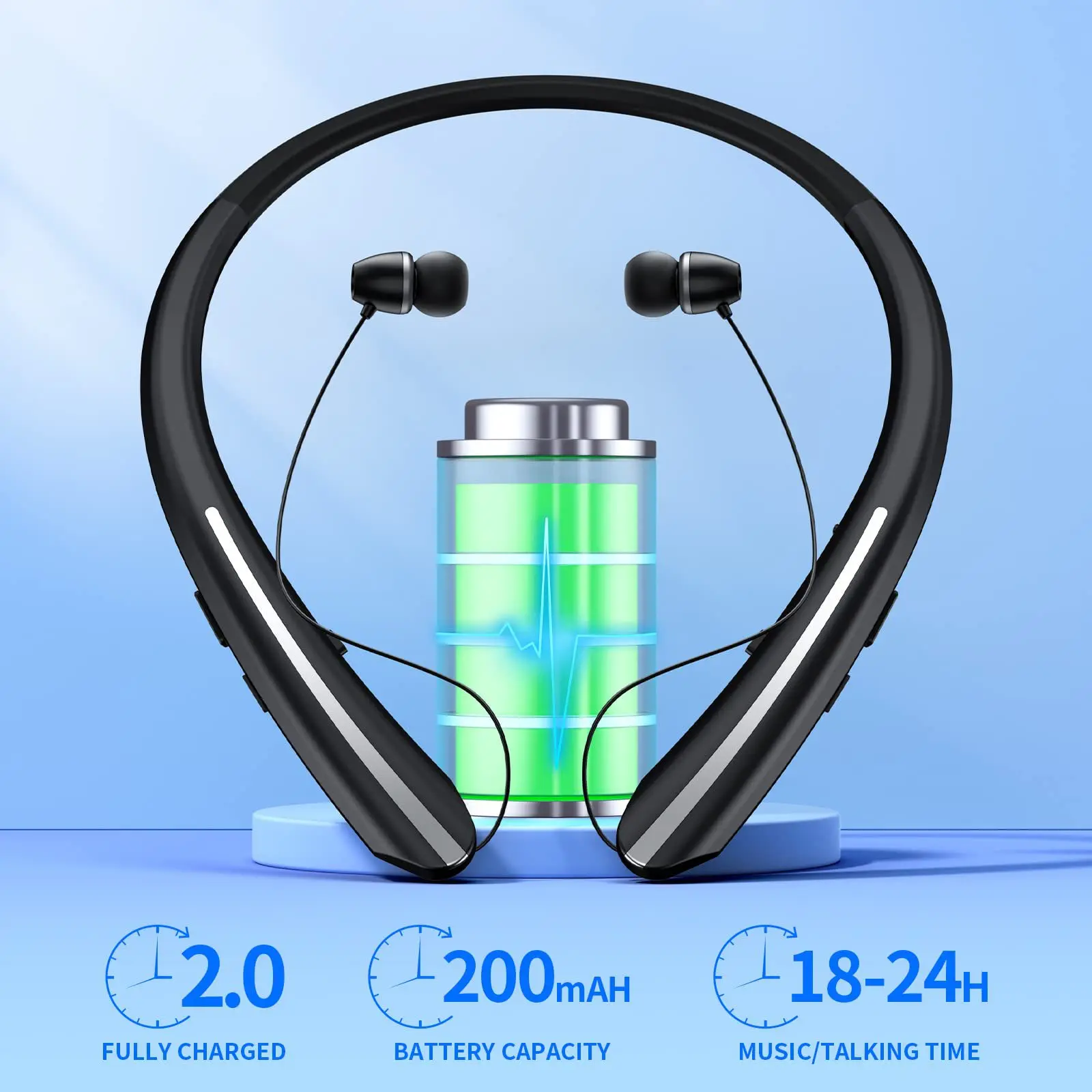 Wireless Headphones Bluetooth Streo Hifi Sports Earphones Neckband Headset Noise Reduction With Retractable Earbuds