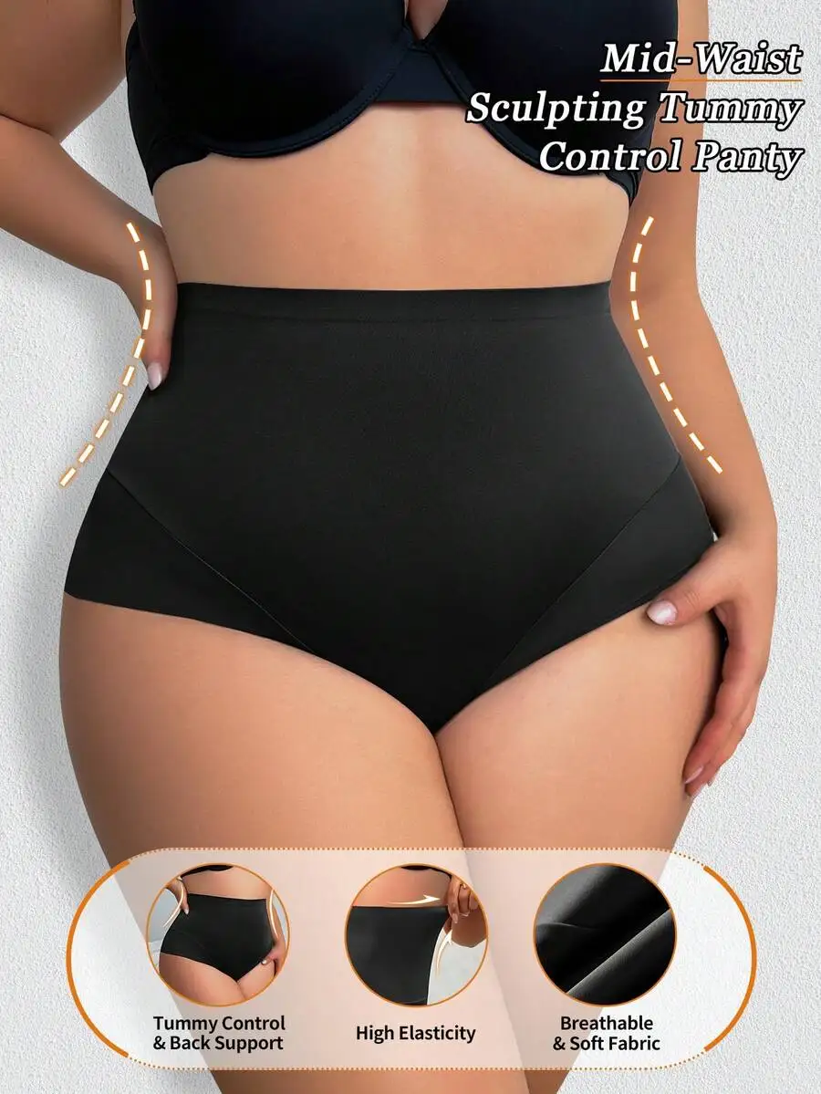 Pantalón de control de abdomen moldeador de cintura media para mujer, talla grande, con tela suave y transpirable y alta elasticidad