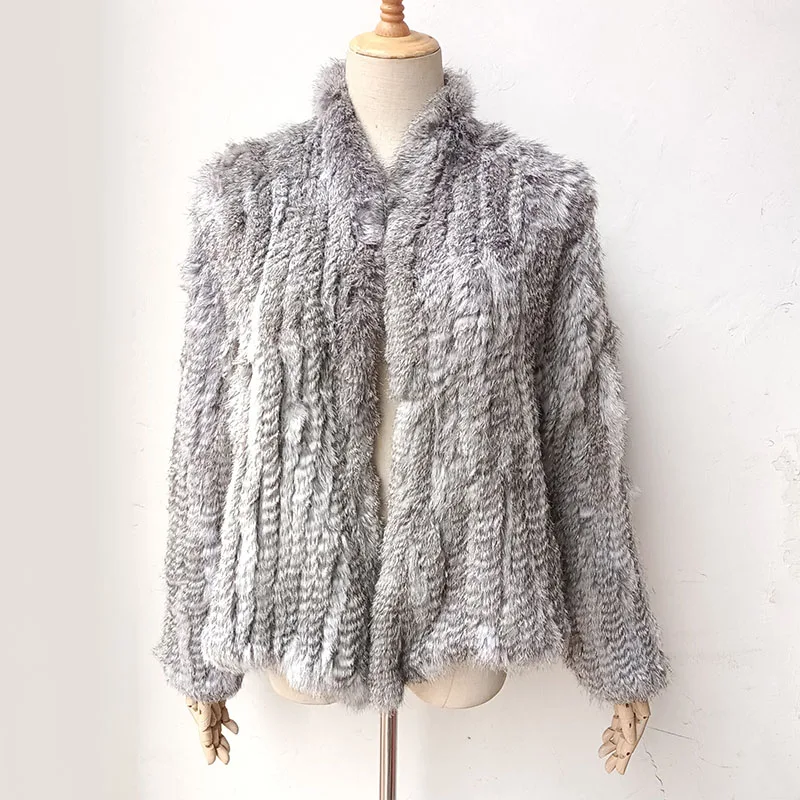 2023 Mode gestrickt echte Kaninchen Pelzmantel weibliche Langarm Winter warme echte Pelz jacke Frauen stricken Outwear Jacken