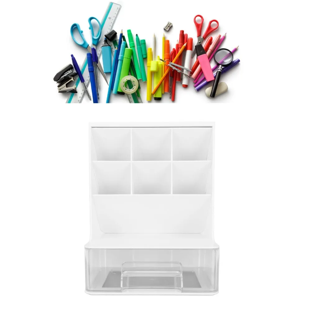 Rounded Edge Slanted Pen Holder Multi Compartment Lightweight Drawer Storage Box Smooth Surface Large Capacity Pen Rack