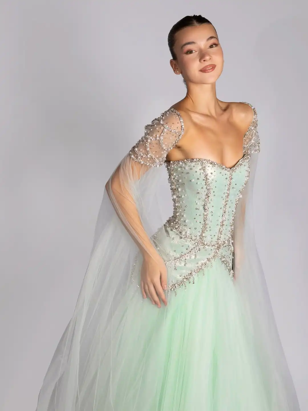 

Ofherown Luxury Beaded Sage Green Evening Dress A-Line Cape Sleeves Corset Prom Gowns Elegant Tulle Vestidos De Festa Customized
