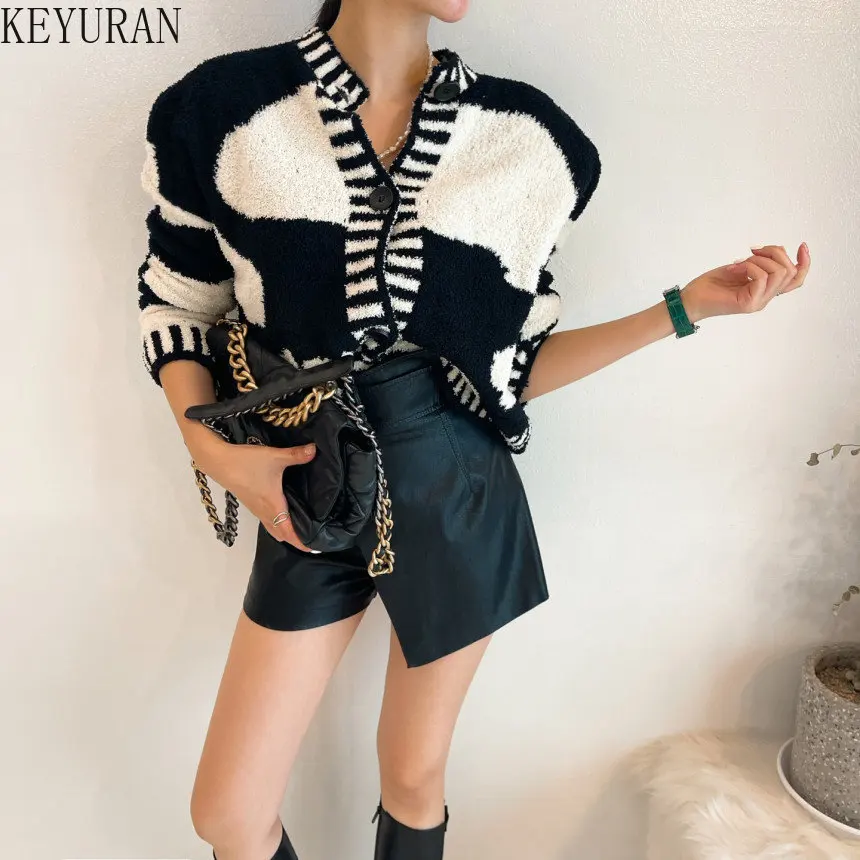 2024 Autumn Winter Contrast Color Knitted Sweater Women Korean Chic O-Neck Single-breasted Button Thick Sweaters Cardigan Coat