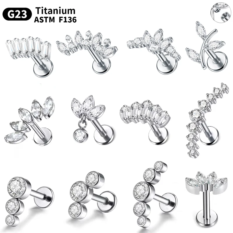 1/5 Uds G23 titanio oreja Labret Piercing cartílago en racimo pendientes rosca interna parte posterior plana hélice Stud Tragus Pircing joyería