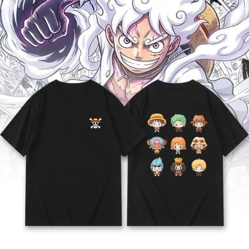 

2026 Summer One Piece Straw Hat Pirates Chibi Double Sided Print T-Shirt Retro Cotton Oversized Short Sleeve Tee for Adult Kids
