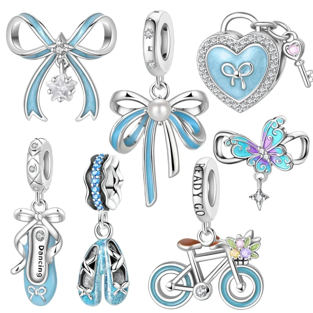 

Романтические французские балетки из серебра 925 пробы с милым синим сердечком и бантом, очаровательные бусины, подходят для браслета, ювелирные изделия своими руками, женский подарок на день рождения