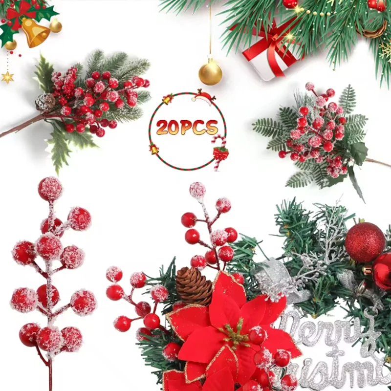 

Fake Snow Frosted Holly Berry Branches 20Pcs Red Christmas Berries for Winter Wedding Fireplace Home Decoration