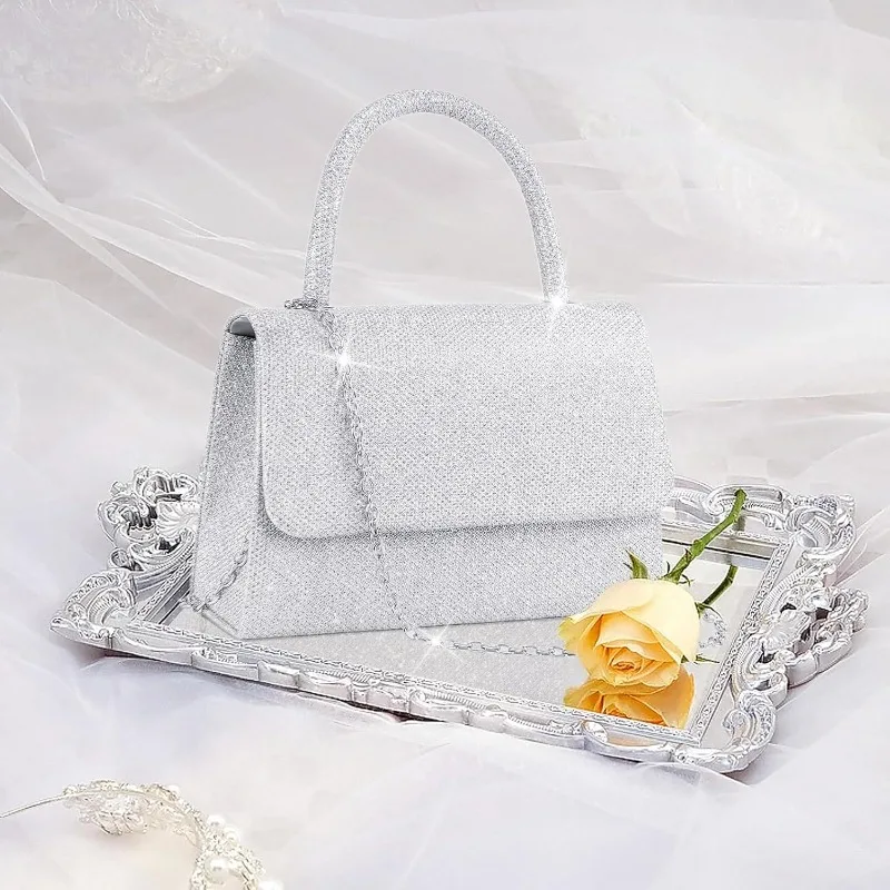 Larcenciel Women's Evening Handbags, Glitter Top Handle Evening Purse w/Chain, Chic Party Clutch for Prom Wedding Cocktail