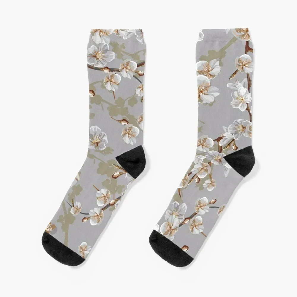 

Cherry blossom pattern on a silver background Socks New year's valentine gift ideas floral Boy Child Socks Women's