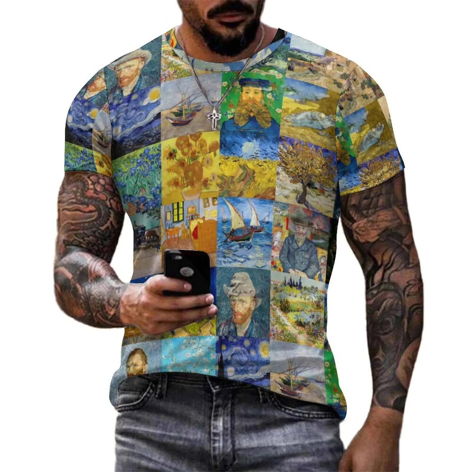 Oversized T Shirt Beach Vincent Van Gogh T-Shirts Patchwork Print Y2K Casual O-Neck Tee Shirt Men Cool Custom Top Tees