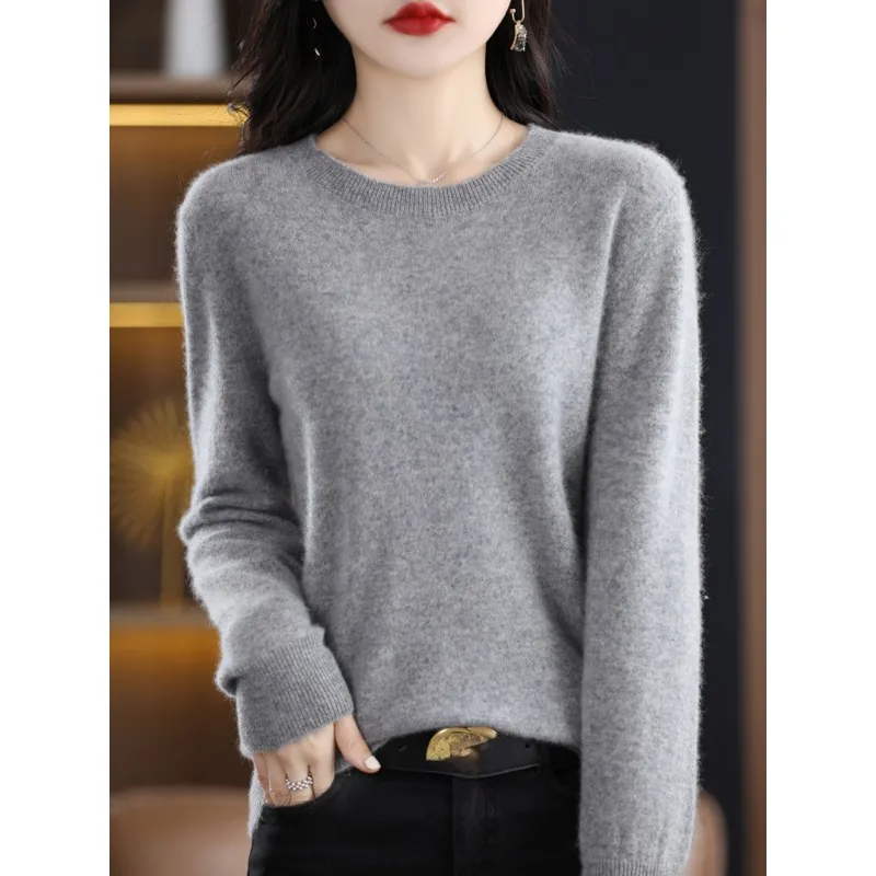 Autumn Winter Women Female O-Neck Knitted Pullover 100% Merino Wool Sweater Soft Solid Comfortable Basic Clothing Tops N209