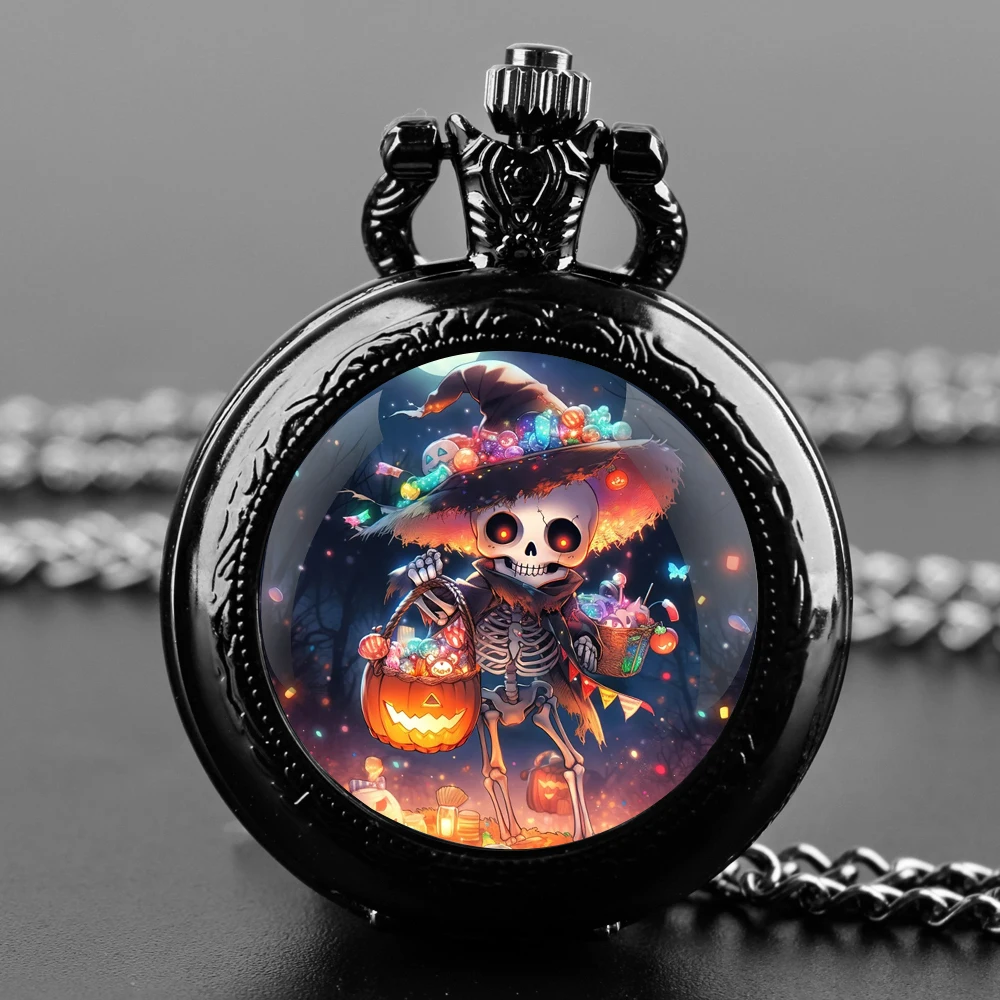 Regali di Halloween Orologio da tasca al quarzo nero con cupola in vetro con quadrante con numeri arabi e catena resistente, regalo retrò per uomini e donne
