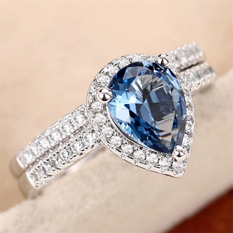 Huitan Gorgeous Blue Water Drop Cubic Zirconia Rings 2Pcs/Set Temperament Elegant Lady's Ring for Party Anniversary Gift Jewelry