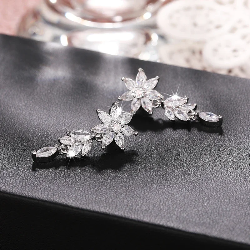 Huitan Sparkling Cubic Zirconia Dangle Earrings Women Aesthetic Flower Design Luxury Bridal Wedding Earrings New Fashion Jewelry