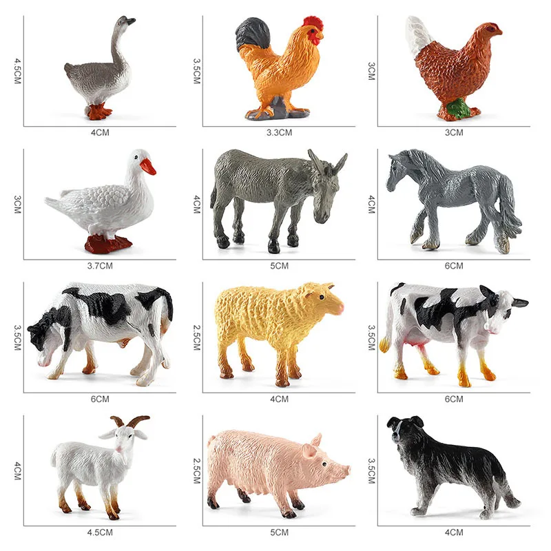 A Set of 12 Mini Poultry Small Animal Toys Solid Farm Decoration Simulation Chicken Duck Goose Cow Horse Sheep Model Kid\'s Toy