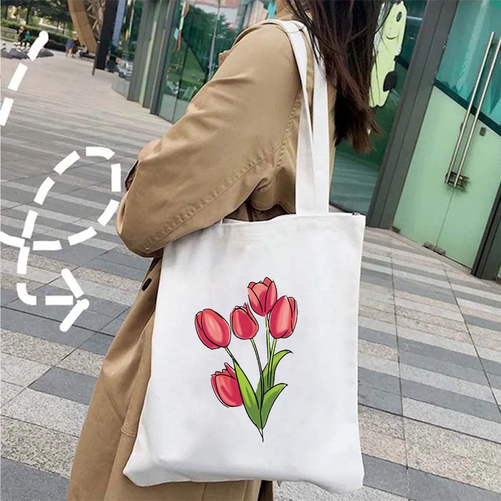 Succulove Tulips Hydrangea Sunflower Chrysanthemum Lavender Poppy Echinacea Rose Cosmos Daffodils Flower Cotton Tote Bag Handbag