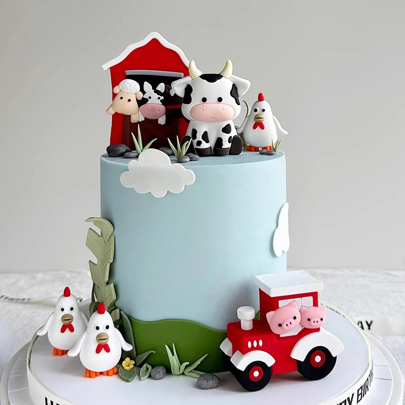 New Farm Themed Cake Toppers Kids First Birthday Party Cake Decorations Baby Shower Cow Ornament Tractor Chicken Birthday Insert