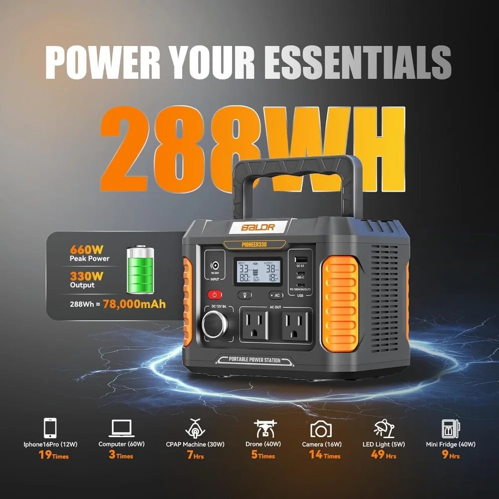 محطة طاقة محمولة 330 واط 660 واط الذروة مولد الطاقة الشمسية 288Wh قوة البنك 120 فولت موجة جيبية نقية مخرج تيار متردد 78000 مللي أمبير ليثيوم احتياطية