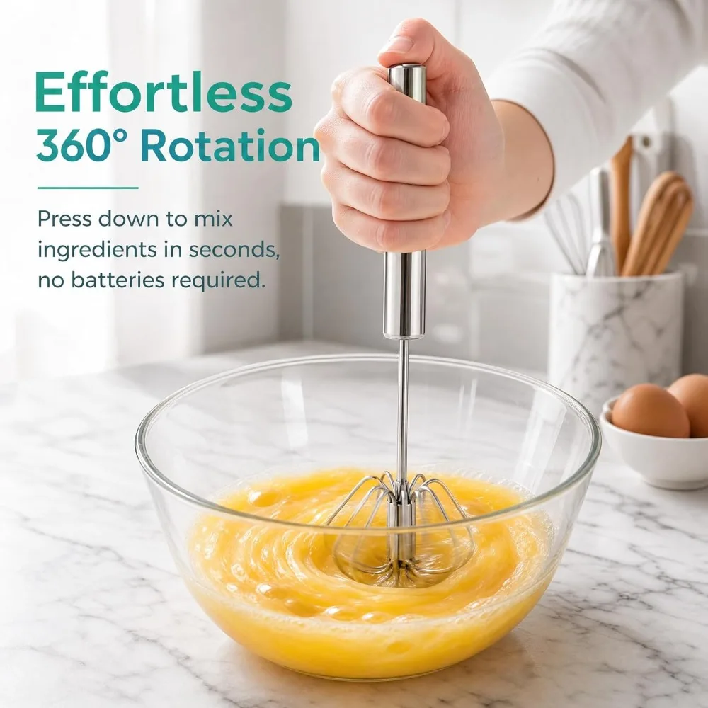Semi-Automatic Whisk, Stainless Steel Egg Beater, Premium Mixer for Kitchen Cooking, All Purpose Stirrer 10 Inch