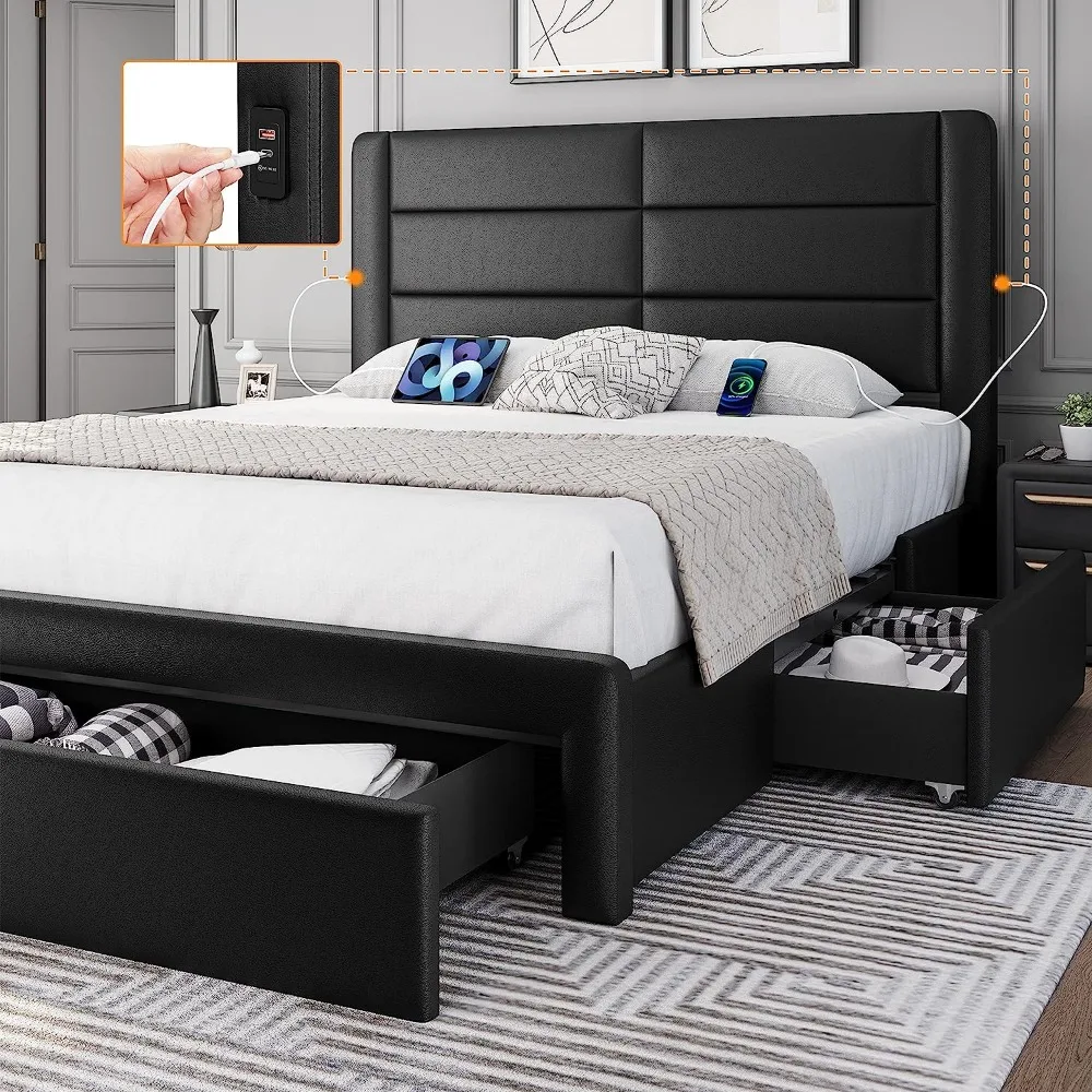 No Box Spring Needed Platform Bed Bases & Frames Leather Upholstered Headboard 3 Storage Drawers Bed Foundation Frame Black Home