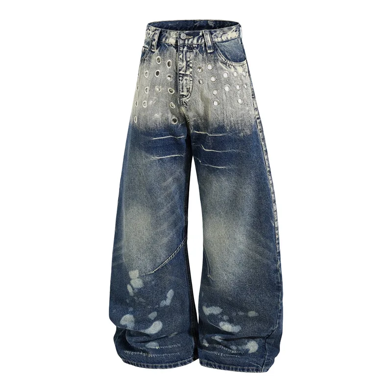 

Hole Rivets Bootcut Jeans For Man Straight Denim Washed Trousers Wide Leg Loose Baggy Jeans Drip Y2k Brand Clothing Mens Apparel