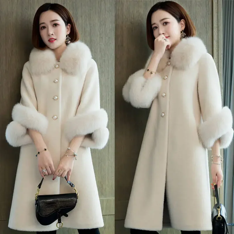 

Long Coat Autumn Winter Solid Loose Imitation Fox Fur Collar Cashmere Granules Single Breasted Faux Fur Coat