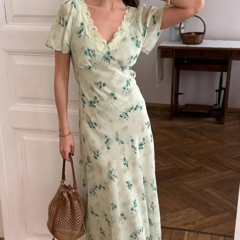 Elegantes Vintage Blumen-Maxikleid Damen Spitze V-Ausschnitt Kurzarm Hohe Taille Fließendes Langes Kleid Strand Urlaub Schickes Freizeitkleid – Detail 16