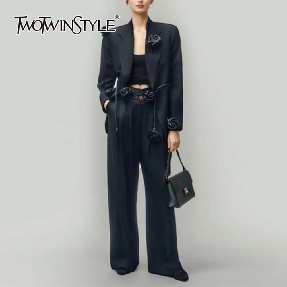 

TWOTWINSTYLE Spliced Appliques Two Piece Set For Women Notched Collar Long Sleeve Top High Waist Wide Leg Pant Chic Sets Female