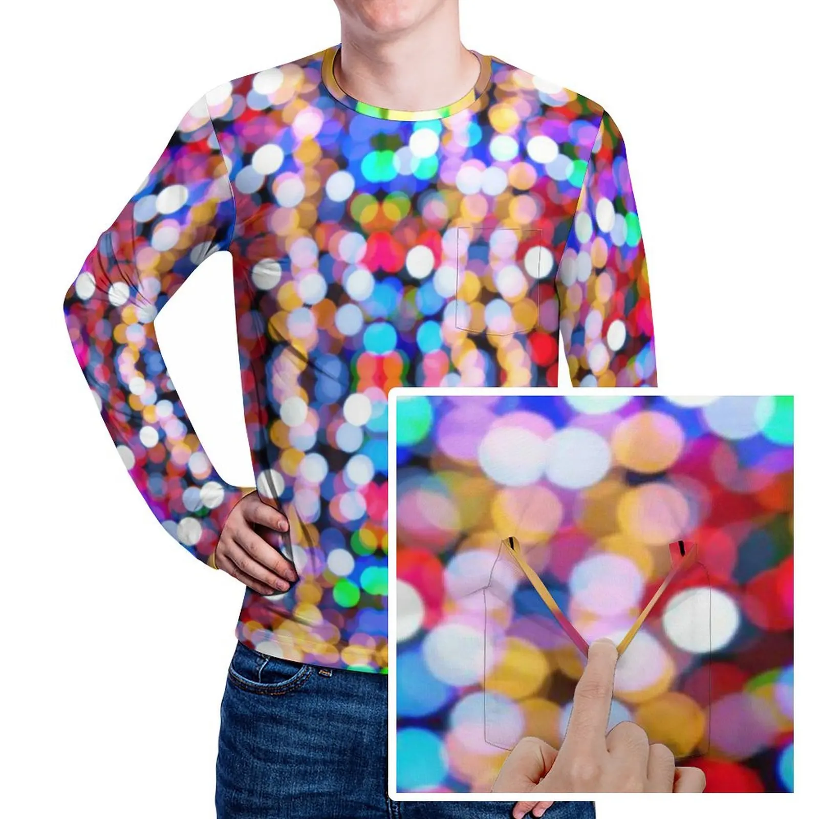 Colorful Sparkle Print T-Shirt With Pocket Twinkling Lights Pattern Vintage T Shirts Man Aesthetic Tshirt Long Sleeve Clothing