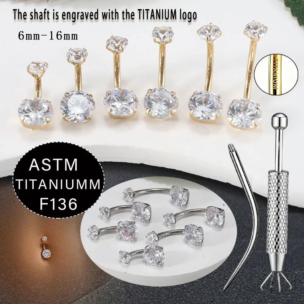 G23 ASTM F136 Bauchnabelpiercing aus Titan, 14G, gebogene Hantel mit CZ-Zirkon, 6–16 mm, verschiedene Größen, hypoallergenes Körperschmuckstück