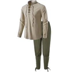 2 pezzi costume da cavaliere medievale da uomo set rinascimentale cosplay camicie da pirata pantaloni con fascia alla caviglia per Halloween tessuto di cotone e lino