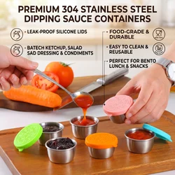 6 Pcs Set Leakproof Stainless Steel Dipping Sauce Cups Food Containers Reusable Salad Dressing Container Silicone Stretch Lids