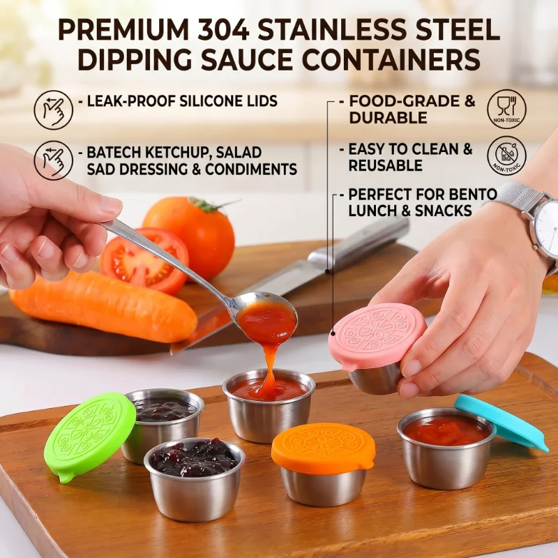6 Pcs Set Leakproof Stainless Steel Dipping Sauce Cups Food Containers Reusable Salad Dressing Container Silicone Stretch Lids