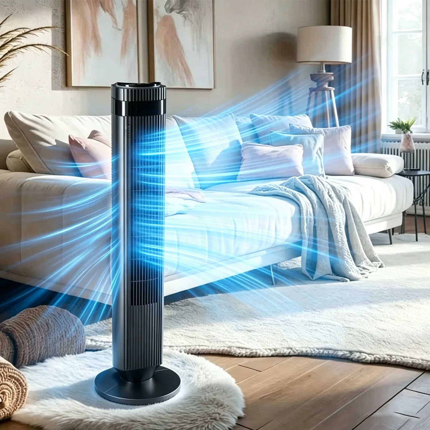 OYAJIA FT-01R Turmventilator – 60 W, 3 Geschwindigkeiten, 4 Betriebsmodi, 12-Stunden-Timer, Fernbedienung, LED-Ambientebeleuchtung, 90 cm, Schwarz/Silber