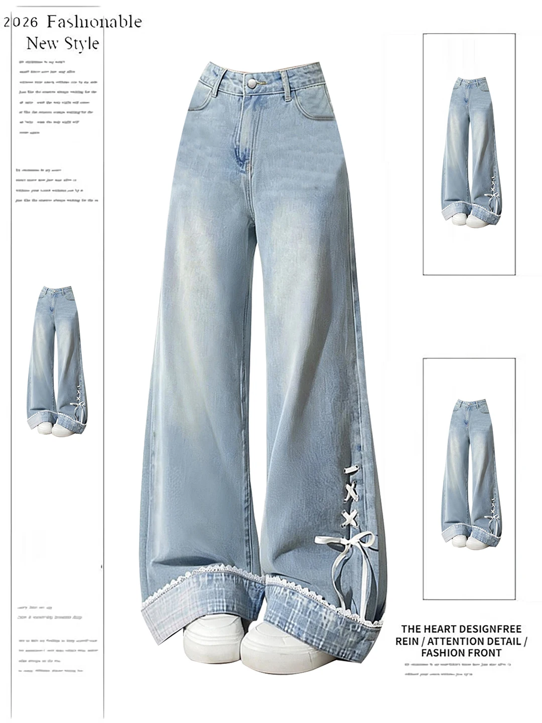 

Spring 2026 Women's Loose Wide Leg Jeans Knot Tie Design Casual High Waist Cleanfit American Style Denim Pants