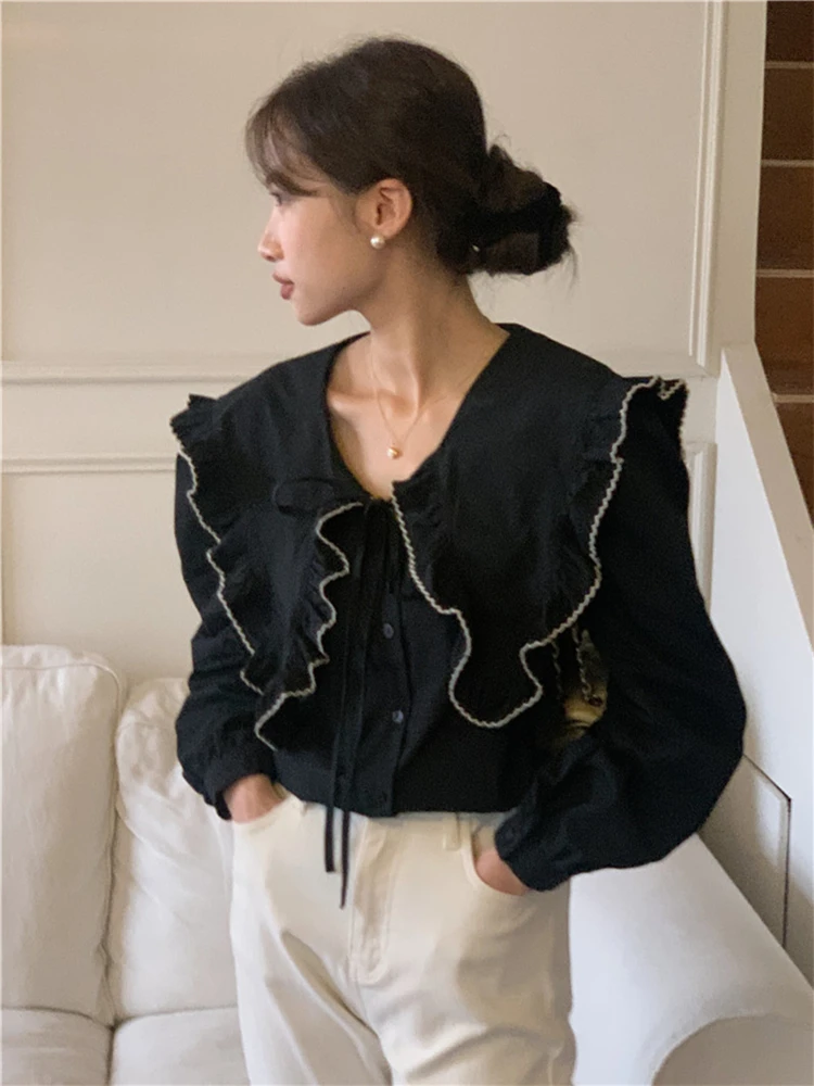 Colorfaith BL10335 New 2024 Lace Up Turn-down Collar Patchwork Oversized Korean Fashion Women Spring Summer Blouses Shirts Tops