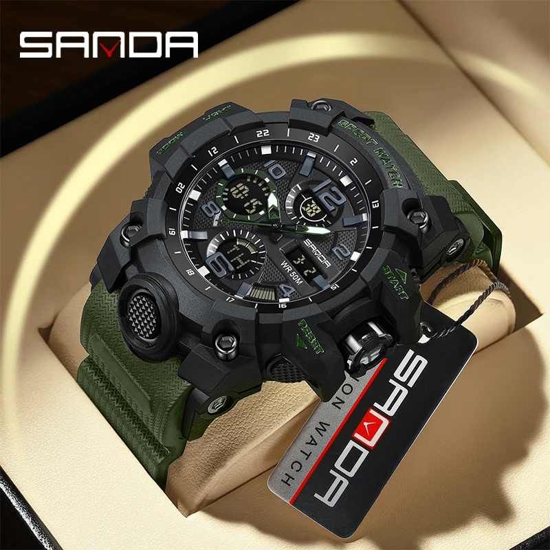 SANDA 6021 Men Sport Electronic Watch, Dual Display LED Waterproof Multifunctional Student Wristwatch