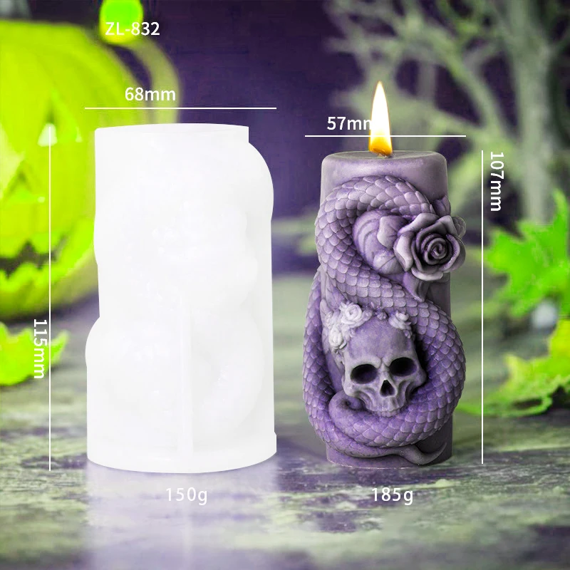 Skull Snake Cylindrical Candle Silicone Mold Halloween Candle Mold DIY Handmade Aromatherapy Gypsum Epoxy Resin Making Mould