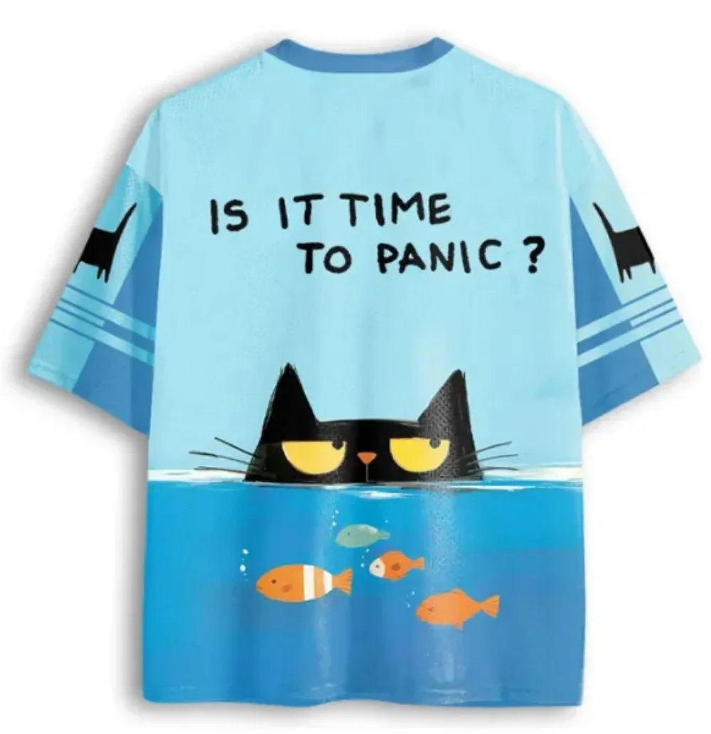 American-style funny cartoon cat drowning 3D printed T-shirt men women V-neck trendy street outdoor casual Parent-Child Clothing