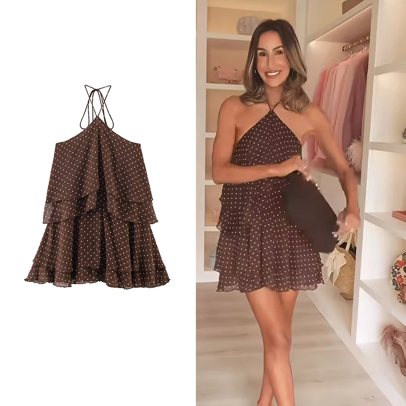 Women's New Summer Dress 2026 Fashion Neck Cascading Elegant Youth Ball Party Dresses Chic Polka-dot Mini Comfortable Dress