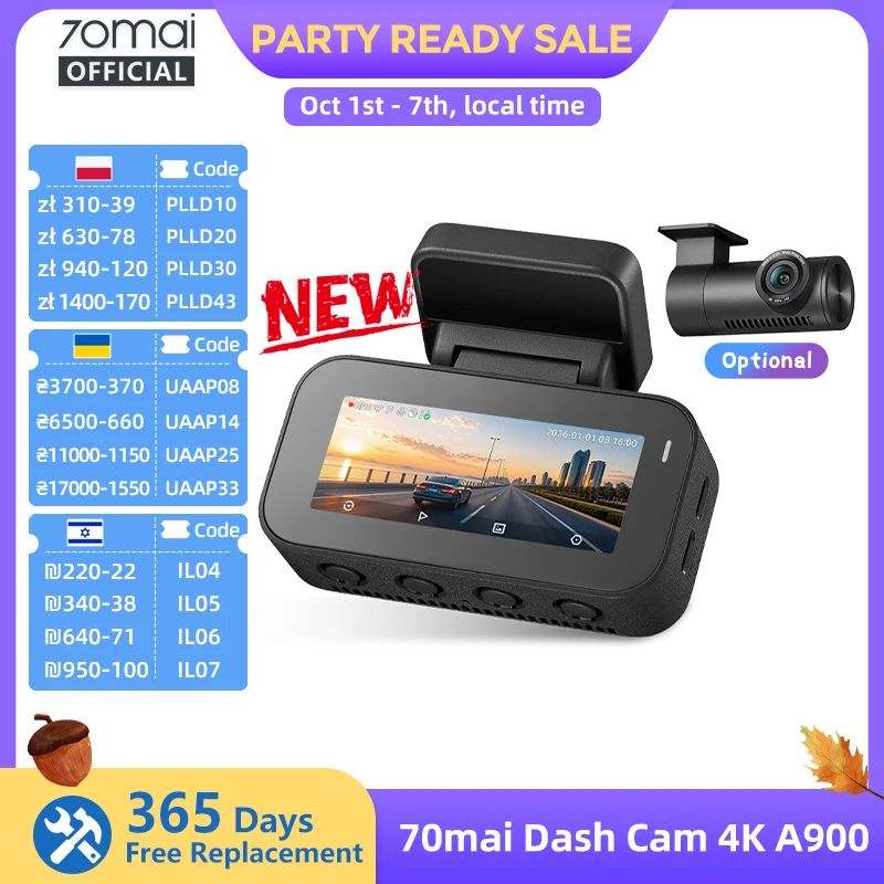 【New】70mai Dash Cam A900 Front Rear Dual 4K HDR f/1.55 Supercapacitor Wi-Fi 6 GPS Upgraded 4G Box UP11 Car Camera 70mai A900