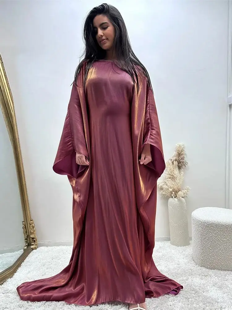 Ramadan Summer Batwing Sleeve Satin Butterfly Abaya Islam Muslim Maxi Dress Kebaya Women Kaftan Robe Musulmane Femme Vestidos