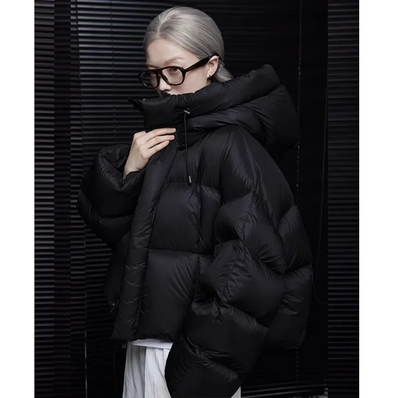 Piumino corto soffice da donna invernale ispessito manica lunga abbottonatura patch disegni design cappotto con cappuccio abbigliamento donna ampio