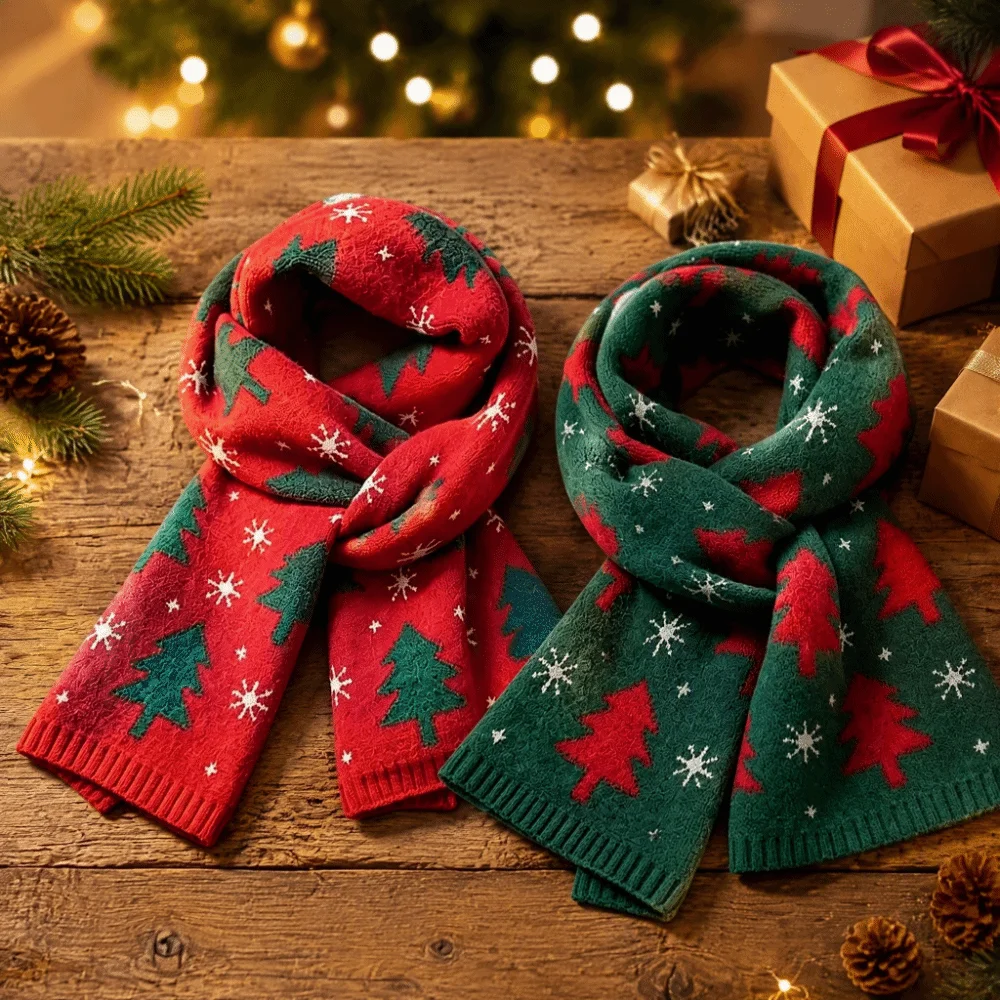 Warm Red Knitted Christmas Scarf Green Long Winter Knitted Scarves Jacquard Thickened Plaid Wool Scarf New Year