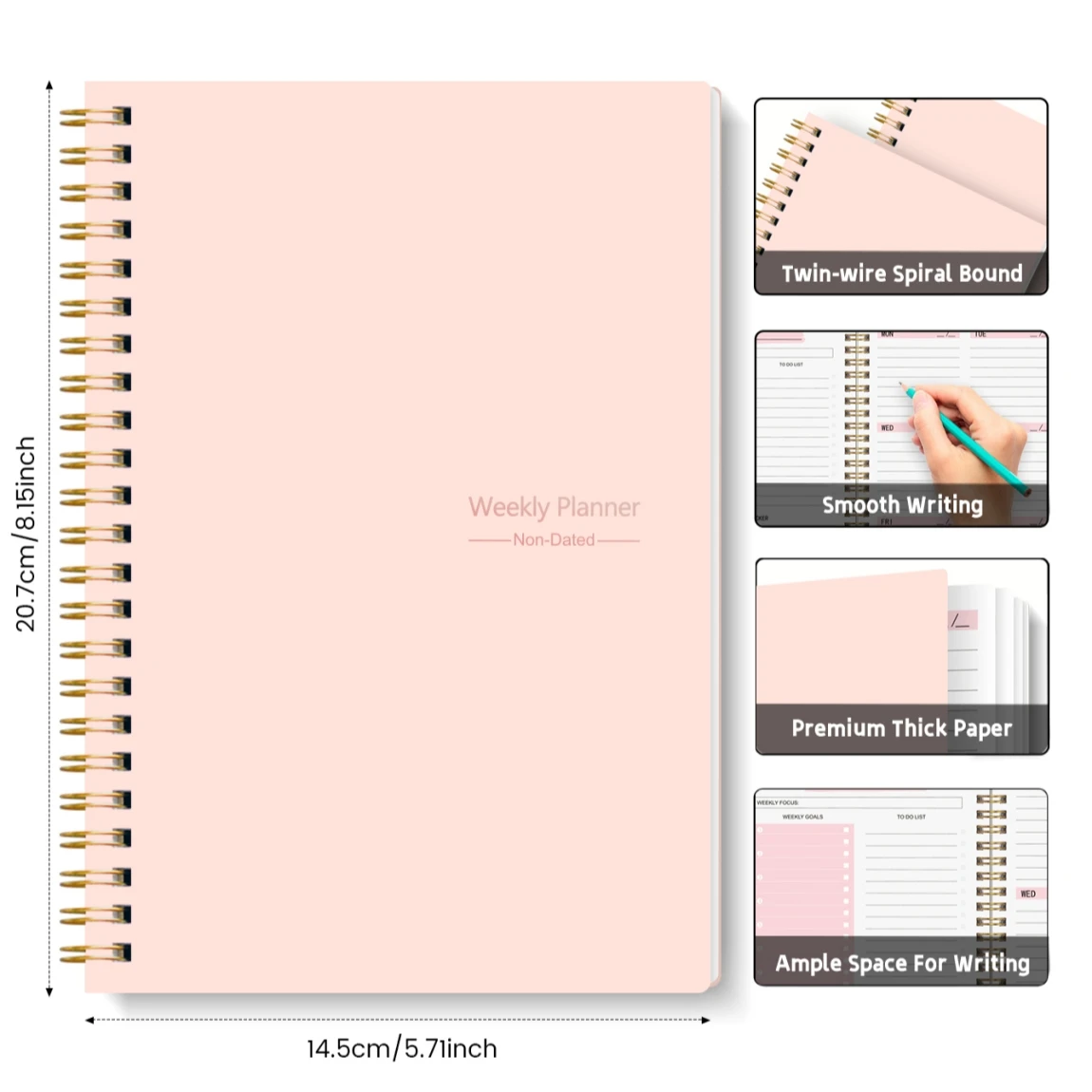 A5 Weekly Planner Spiral Notebook Non-Dated with 3 Sticker Sheets Habit Tracker Goals to Do List Productivity Journal