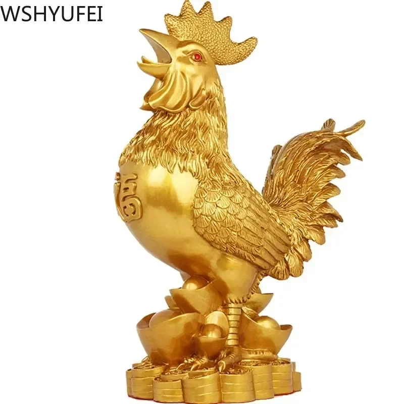 WSHYUFEI decoración de pollo dorado chapado en oro estatua de resina de gallo de la suerte sala de estar TV gabinete figuritas decoraciones chinas