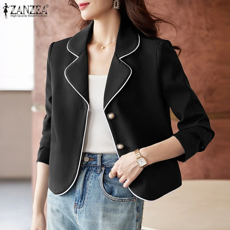 

Женский укороченный блейзер ZANZEA с контрастной отделкой, отложным воротником, длинными рукавами и застежкой на пуговицах, весна 2026, офисная одежда, пиджаки