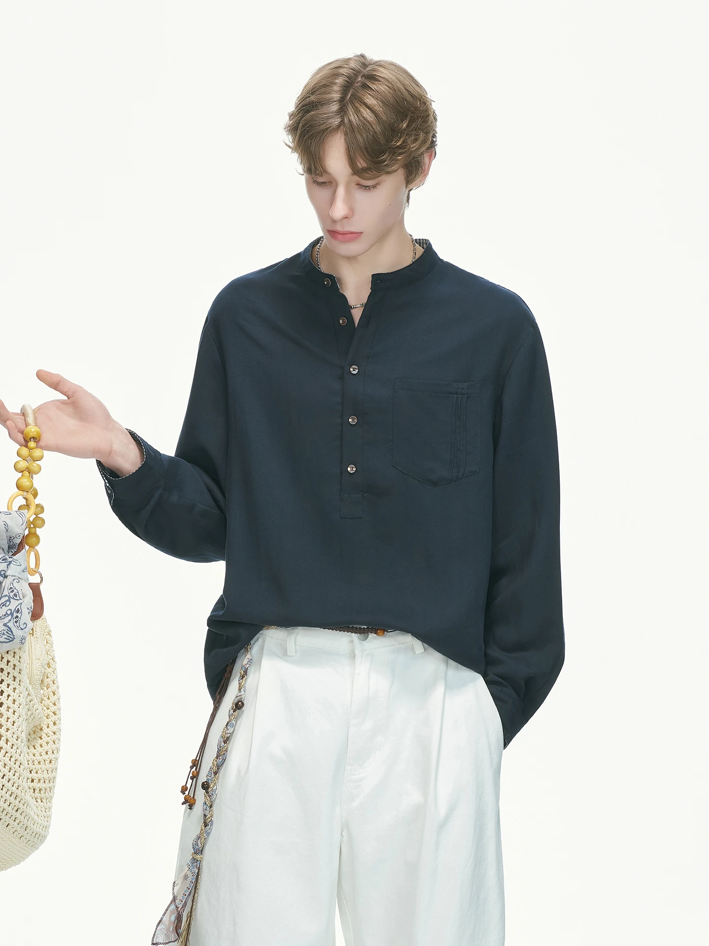 Dream Made Men's Linen Shirt Long Sleeve Thin Henry Collar Summer Breathable Casual Fashion Youth Commute Style Regular Fit